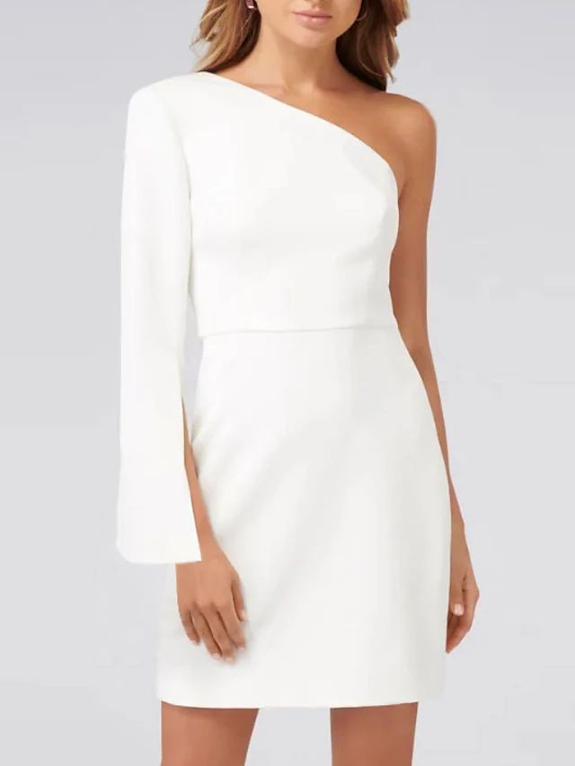 [$105.97] Sheath / Column Minimalist White Wedding Guest Cocktail Party Dress One Shoulder Long S... | Light in the Box