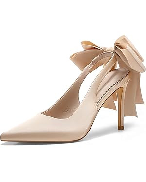 Coutgo Womens Slingback High Heels with Bow Closed Pointed Toe Wedding Bride Dress Shoes Satin Pu... | Amazon (US)