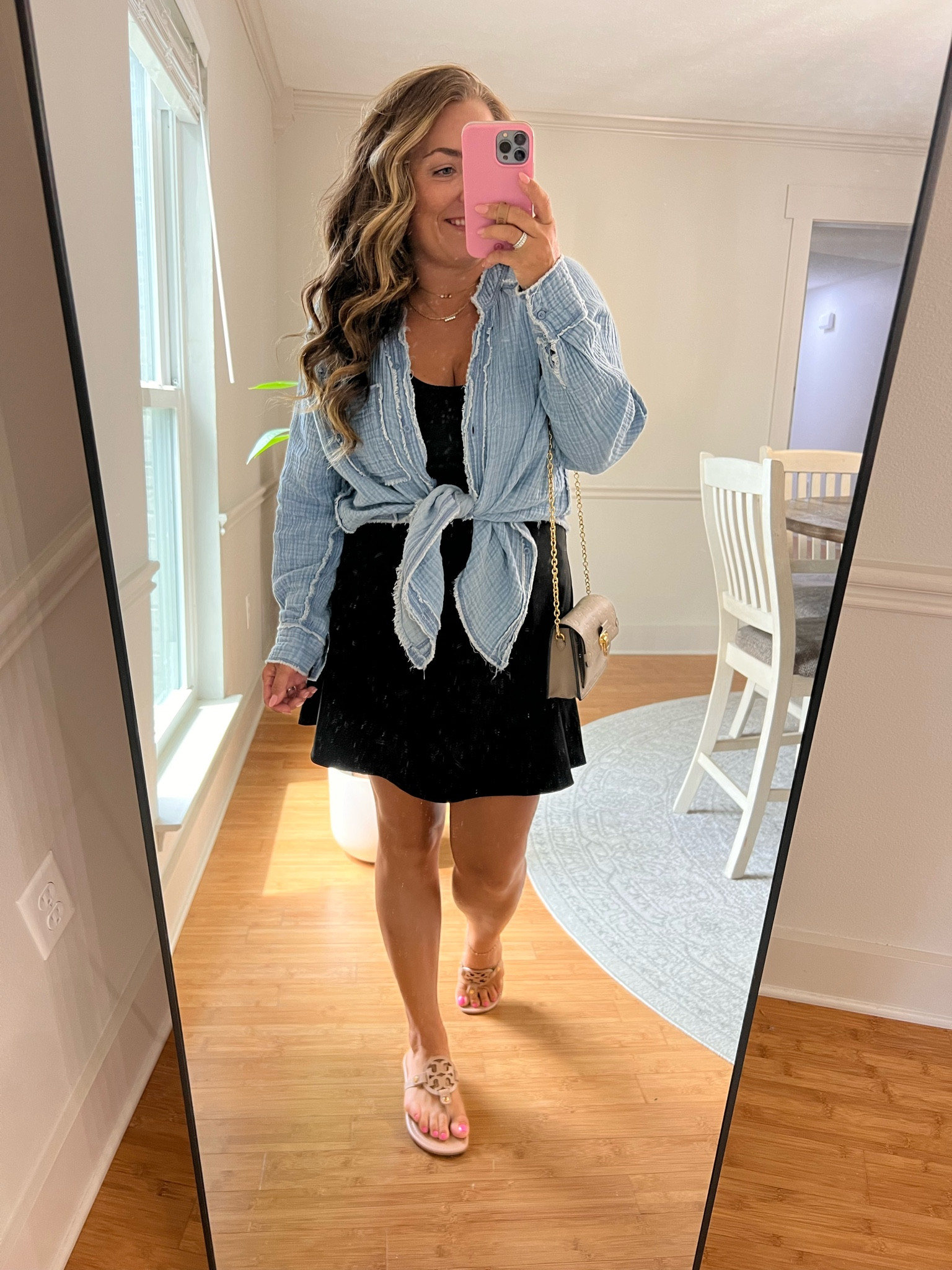 Halara dress for casual dinner party
Tory Burch miller sandals 
Denim button upp

#LTKShoeCrush #LTKStyleTip #LTKSummerSales