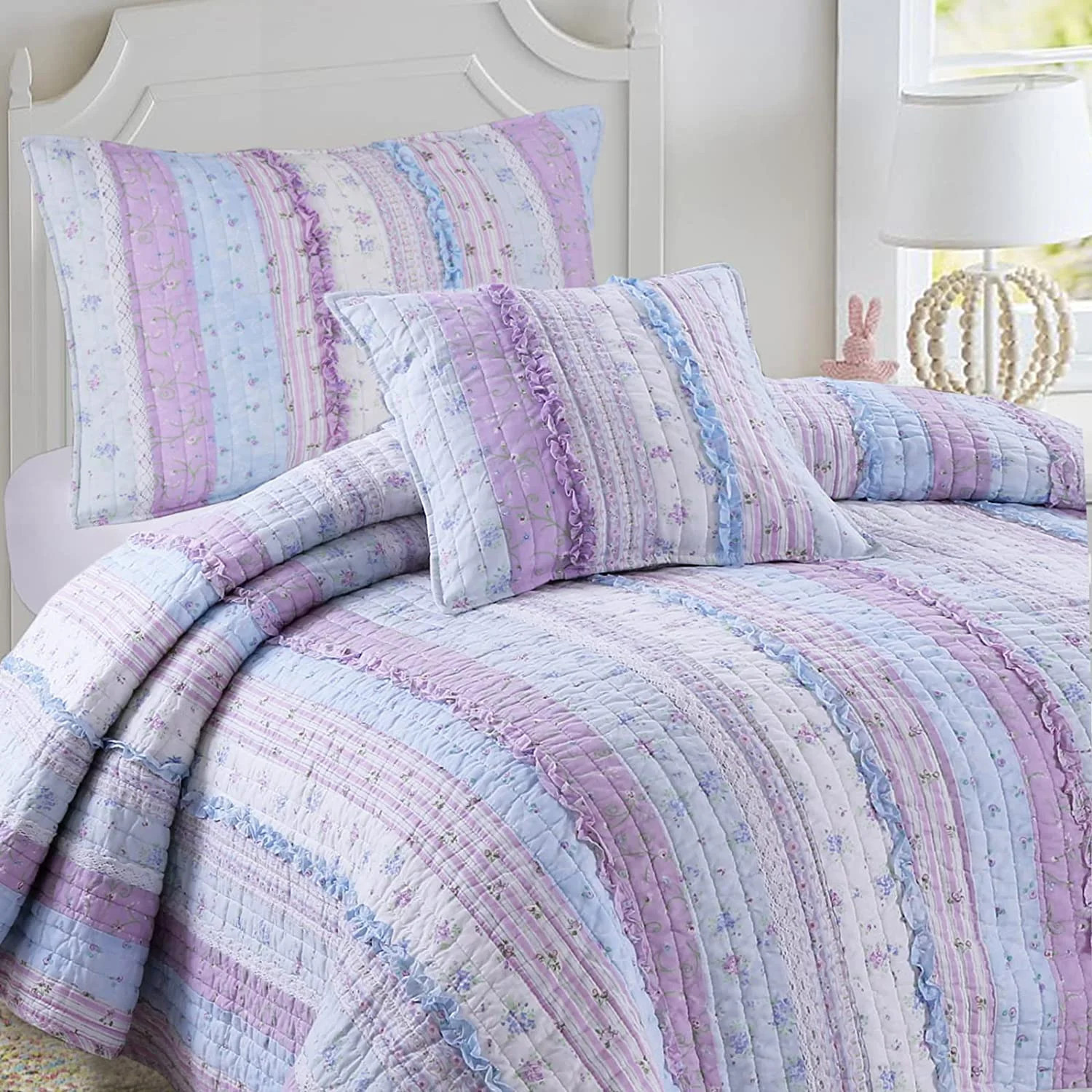 Cozy Line Home Fashions Shabby Chic Floral Ruffle Stripe 100% Cotton Reversible Quilt Set (Lavend... | Walmart (US)