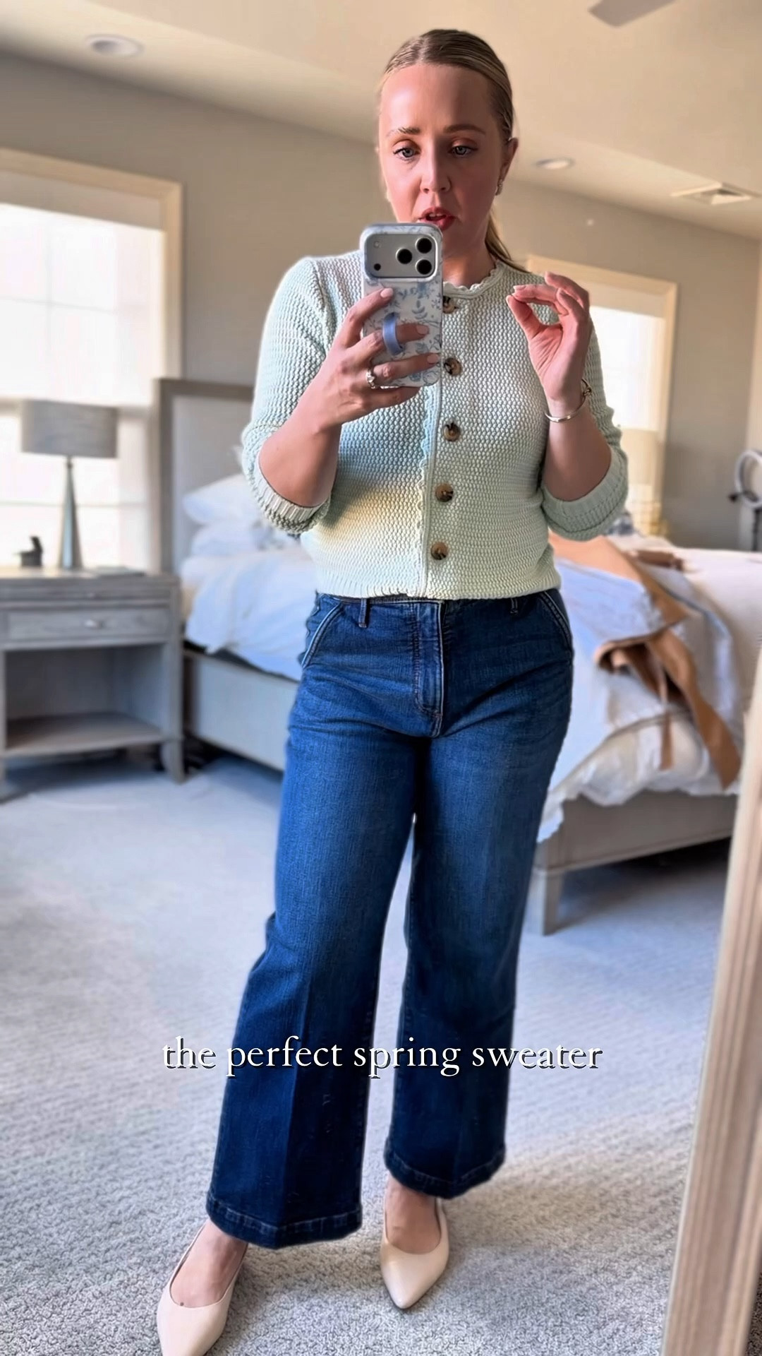 The prettiest scalloped sweater for spring paired with petite cropped trouser jeans! Sized down to xs in the sweater. It comes in white and this beautiful light green color. Petite jeans fit tts and so do the sling back flats! Flats are so comfy and I love them paired with these cropped jeans! 

#LTKootd #LTKPetite #LTKSaleAlert