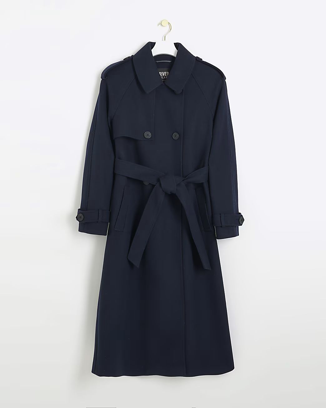 Navy belted longline trench coat | River Island (UK & IE)
