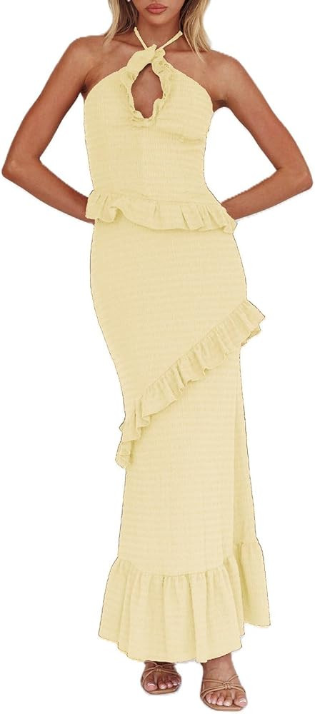 Argeousgor Women Ruffle Maxi Skirt Set Halter Ruched Crop Top Flowy Long Skirt Y2K 2 Piece Outfts... | Amazon (US)