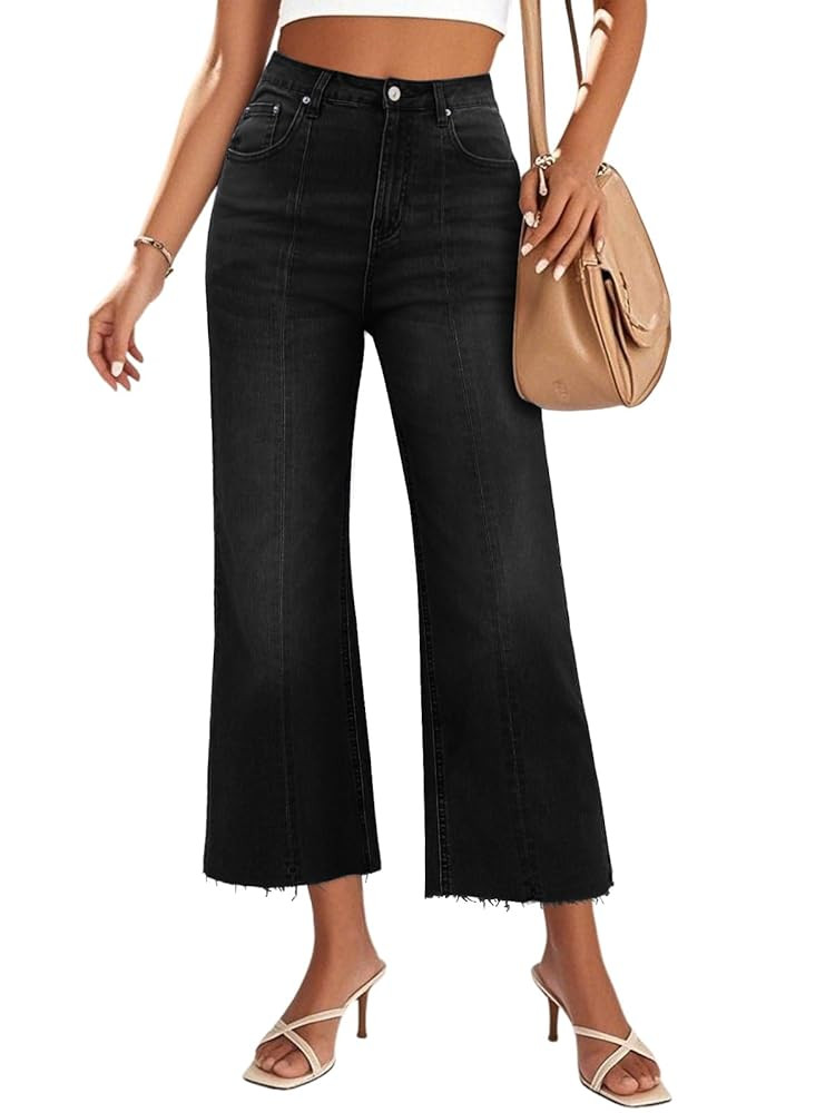 Genleck Women's Wide Leg Cropped High Waisted Seamed Front Raw Hem Denim Pants - Trendy Stretchy ... | Amazon (US)