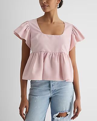 Square Neck Flutter Sleeve Peplum Babydoll Top | Express