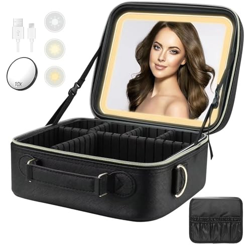 Divmceknyy Makeup Bag with LED Mirror - Portable Travel Makeup Bag with 3 Adjustable Brightness Lighted Mirror for Women - Waterproof Partitionable Makeup Train Cases Black | Amazon (US)