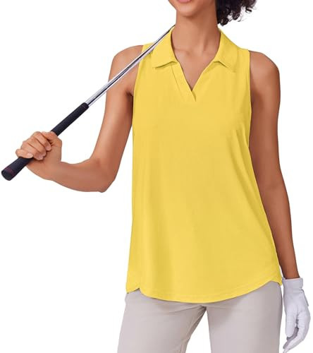 PINSPARK Women's Polo Shirts Sun Protection V Neck Golf Top Sleeveless Tennis Tank Lightweight Moisture Wicking Athletic Tops Activewear, Yellow S | Amazon (US)