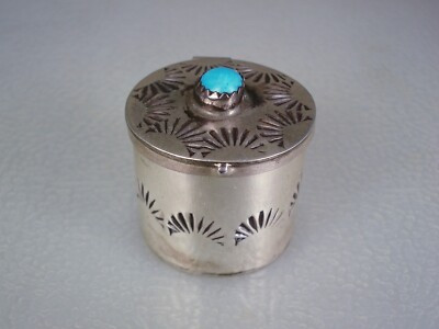 VINTAGE NAVAJO HAND STAMPED STERLING SILVER & TURQUOISE TALL CYLINDER PILL BOX | eBay US