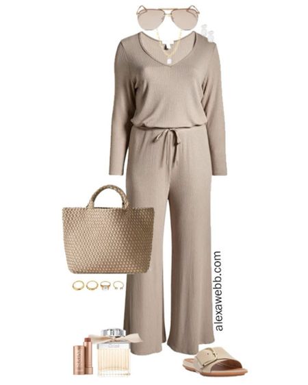 Plus Size Taupe Jumpsuit Outfits 2 - A comfortable plus size jumpsuit in a taupe monochromatic outfit idea with taupe sandals. A great outfit idea for traveling or running errands. Alexa Webb

#LTKshoecrush #LTKplussize #LTKstyletip