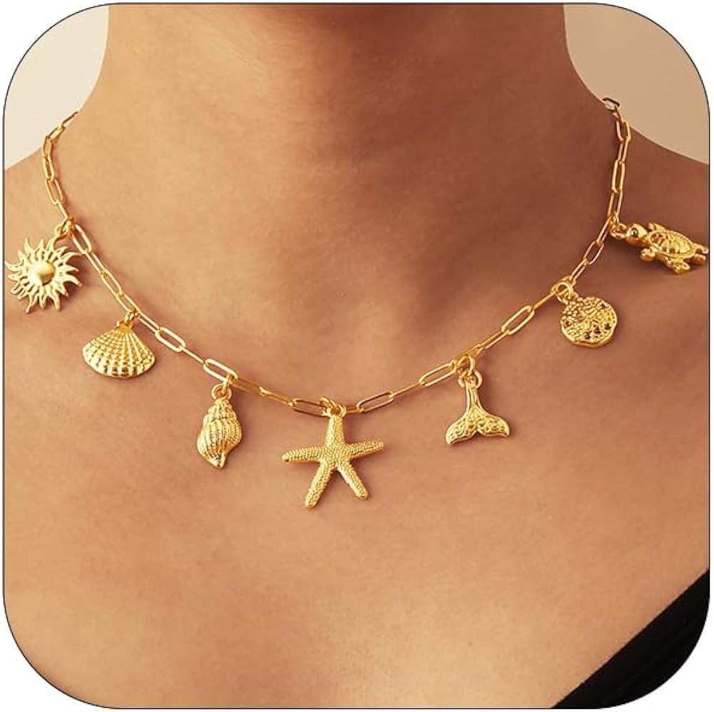 Charm Necklace for Women, 14K Gold Shell Sun Starfish Summer Beach Necklace 16+3" Paperclip Chain... | Amazon (US)