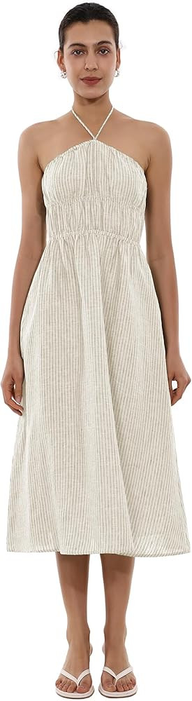 Womens Summer 100% Linen Maxi Dresses Striped Vacation Halter Neck Long Flowy Dress for Casual Be... | Amazon (US)
