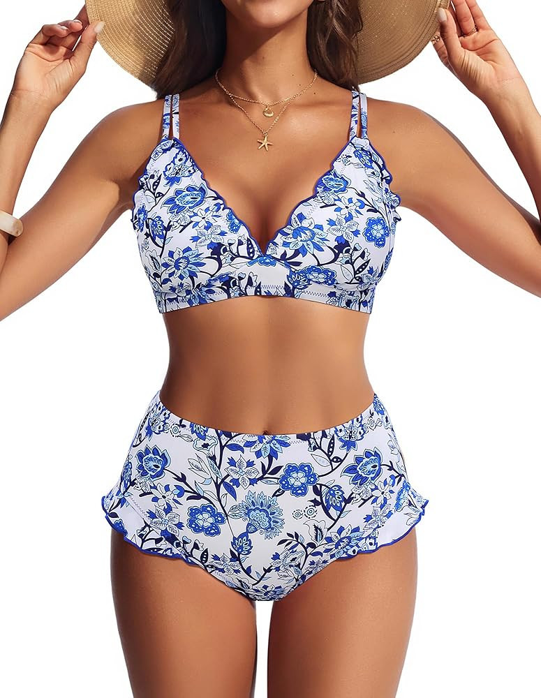 Hanna Nikole Women High Waisted Bikini Sets Ruffle, 2 Piece Swim Suits 2026, Sexy Retro Bathing S... | Amazon (US)