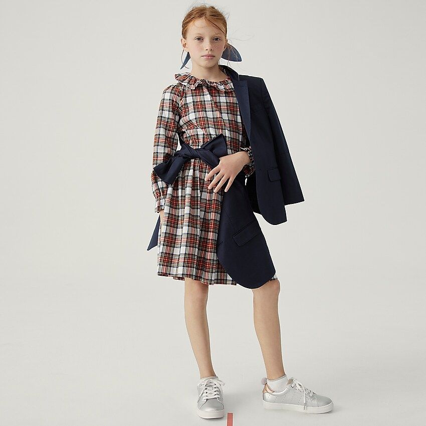 Girls' ruffle-trim dress in snowy Stewart tartan | J.Crew US