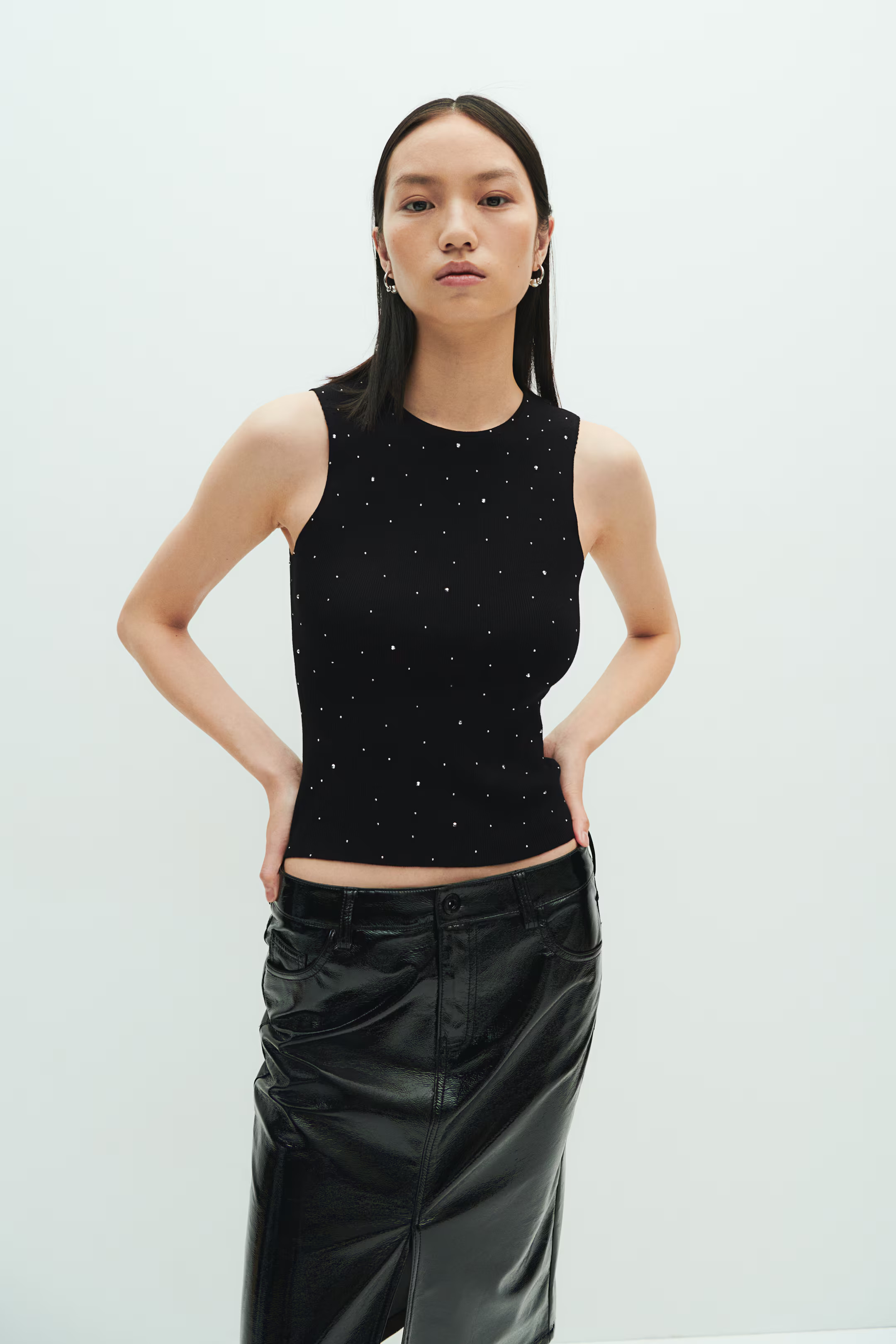 Rhinestone-embellished vest top - Black - Ladies | H&M GB | H&M (UK, MY, IN, SG, PH, TW, HK)