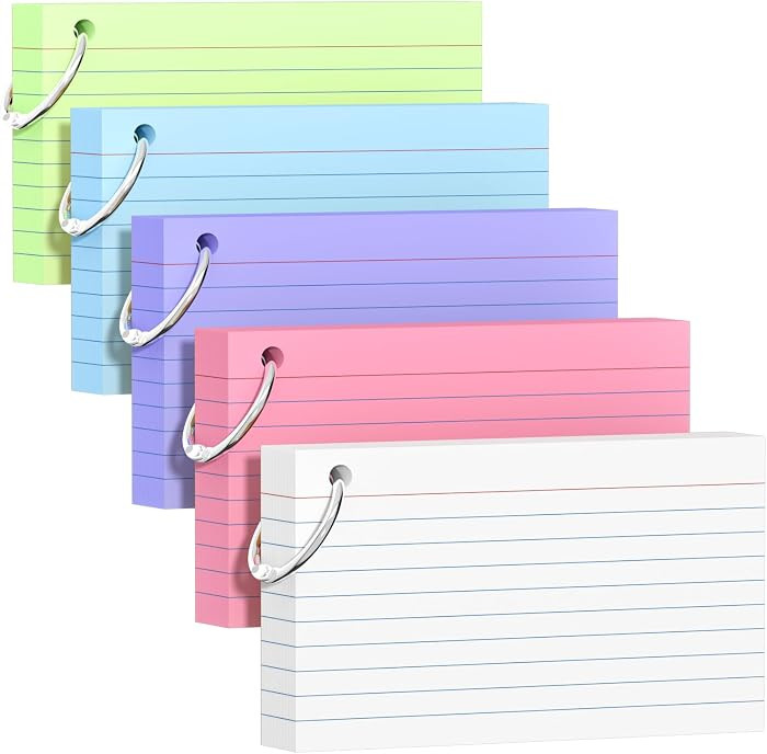 250 Count Colored Index Cards 3x5 Inch with Key Ring, 180gsm Heavy Weight Flash Cards 5 Color (50... | Amazon (US)