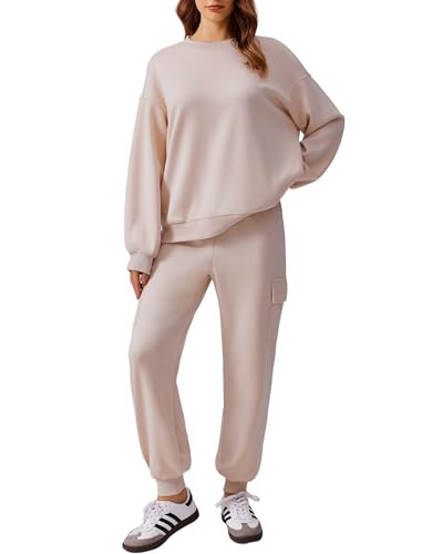 PINSPARK Track Suits for Women Set Long Sleeve Pullover Top Oversized Drawstring Cargo Pants Y2K Airport Outfits, Apricot Medium | Amazon (US)