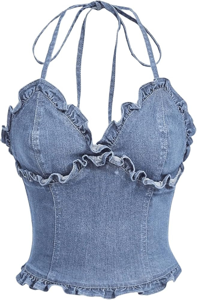 OYOANGLE Women's Lettuce Trim Spaghetti Straps Tie Backless Halter Denim Top Slim Fitted Jean Cam... | Amazon (US)