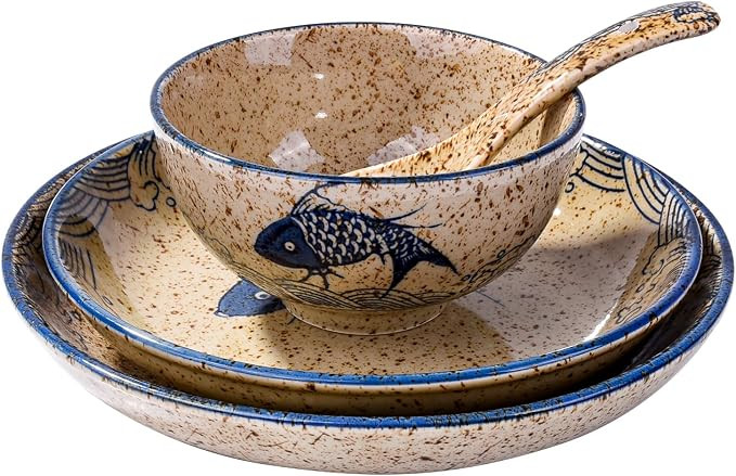 4-Piece Ceramic Dinnerware Set, Plate, Dish, Bowl and Spoon (Yule) | Japanese Hand-painted Vintag... | Amazon (US)