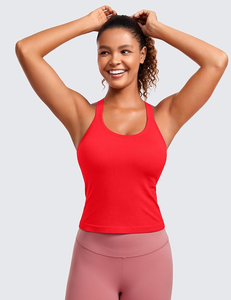 CRZ YOGA Seamless Ribbed Womens Tank Top Racerback Camisoles with Built in Bra Padded Scoop Neck Athletic Workout Slim Tanks Deep Red XX-Small | Amazon (US)