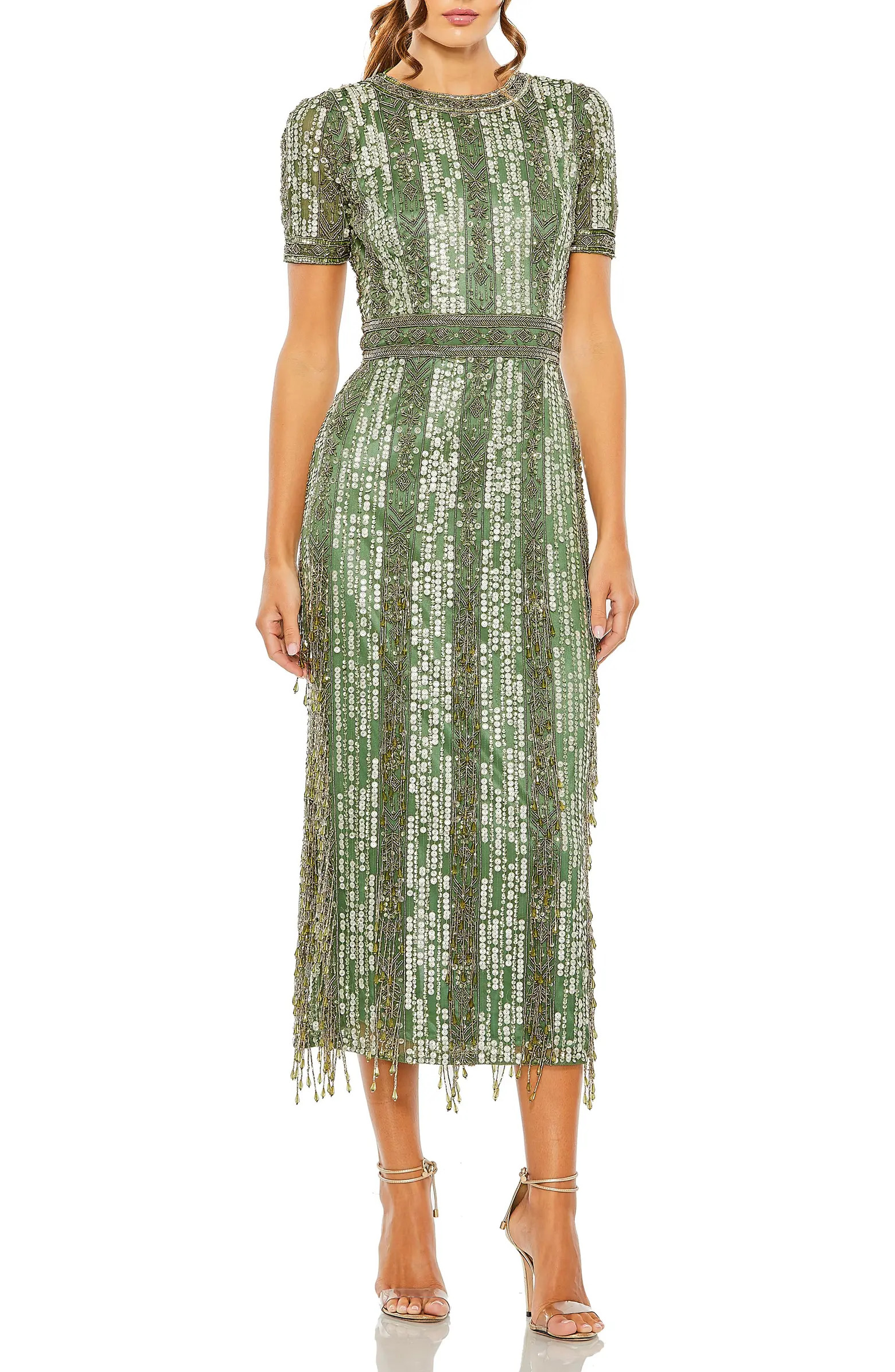 High Neck Short Sleeve Crystal Fringe Column Dress | Nordstrom