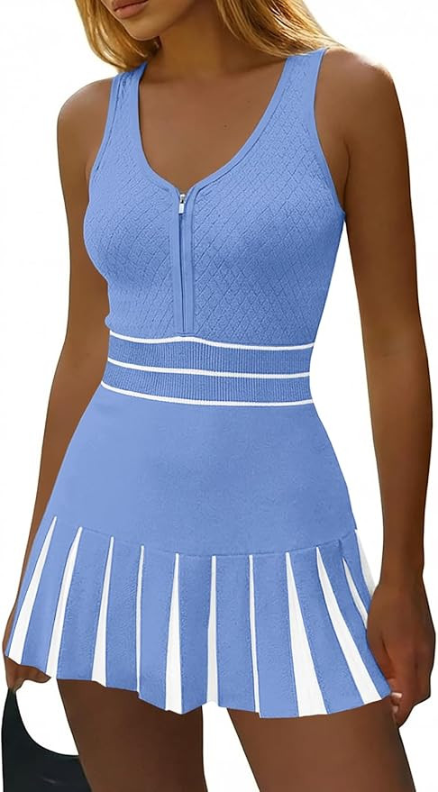 Fisoew Womens Tennis Mini Dress Summer Sleeveless Half Zipper Elastic Waist Athletic Workout Knit... | Amazon (US)