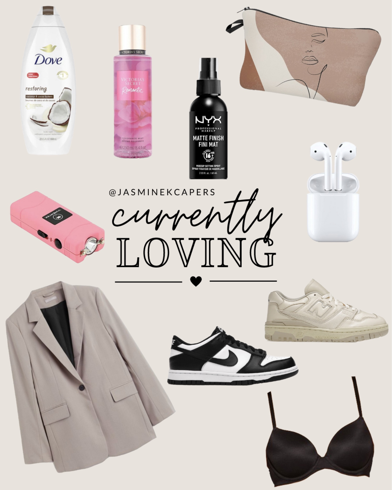 Currently loving, Dove soap, New Balance Shoes, New balance 550, Black bra, Victoria secret perfume, AirPods first generation, pink taser, Amazon taser, Amazon finds, panda Nike dunks, Nike dunks,NYX setting spray, H&M blazer, Tan blazer 

#LTKunder100 #LTKSeasonal #LTKbeauty