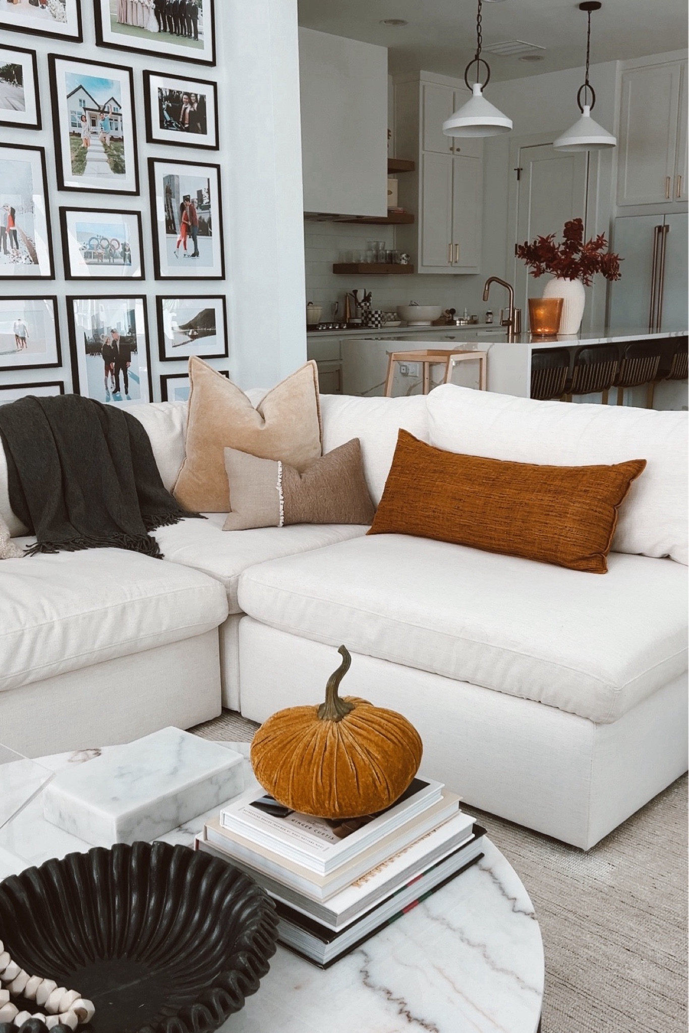 Fall home decor in our transitional living room. Love my Beale sectional Made of a krypton fabric, it is spillproof and so easy to clean, even with kids. Also linking fall throw pillow covers, velvet pumpkins, fall branches and more  

#LTKStyleTip #LTKSeasonal #LTKHome