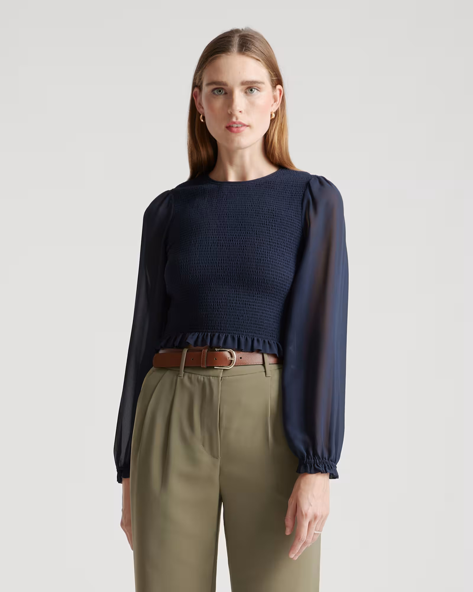 Navy Chiffon Cropped Smocked Blouse | Quince