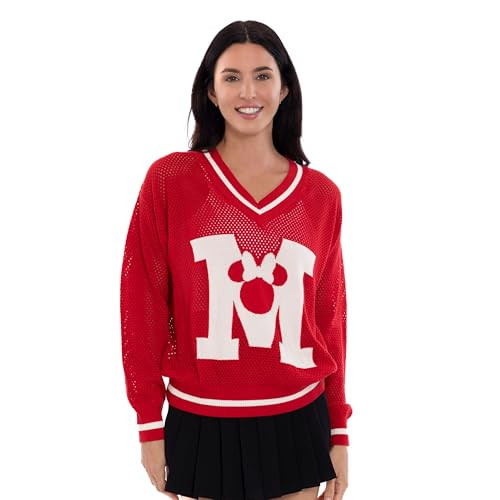 Disney Minnie Mouse Womens Crochet Varsity V-Neck Pullover Sweater Red Medium | Amazon (US)
