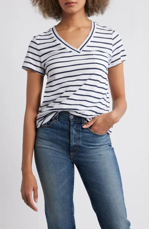 caslon(r) Cotton & Modal V-Neck T-Shirt in White- Navy Josephine Stripe at Nordstrom, Size X-Large | Nordstrom