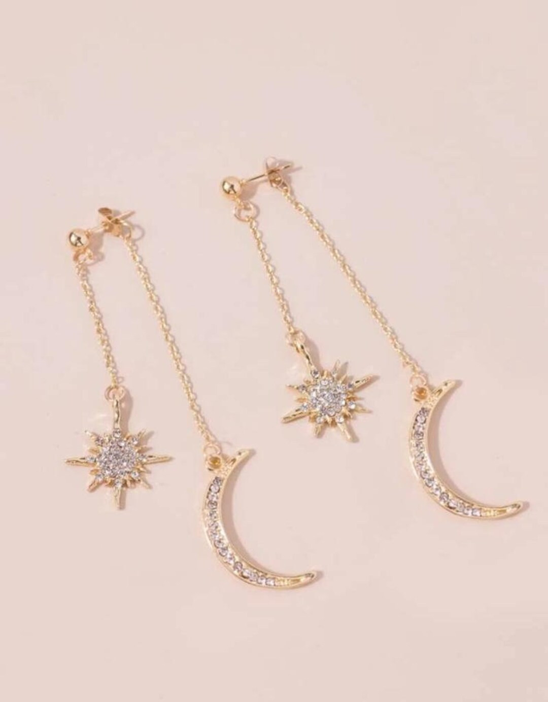 Celestial Star & Moon Earrings / Double Dangle Drop Chains / Gift for her / Valentines Gift / Sta... | Etsy (US)