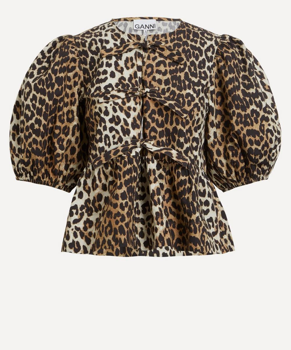Ganni Women's Leopard Cotton Poplin Peplum Tie Blouse 8 | Liberty London (US)