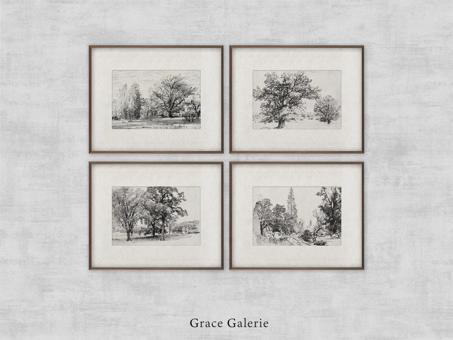 Vintage Gallery Wall Print Set Set of 4 Vintage Landscape Sketch Trees Vintage Etching Farmhouse ... | Etsy (US)