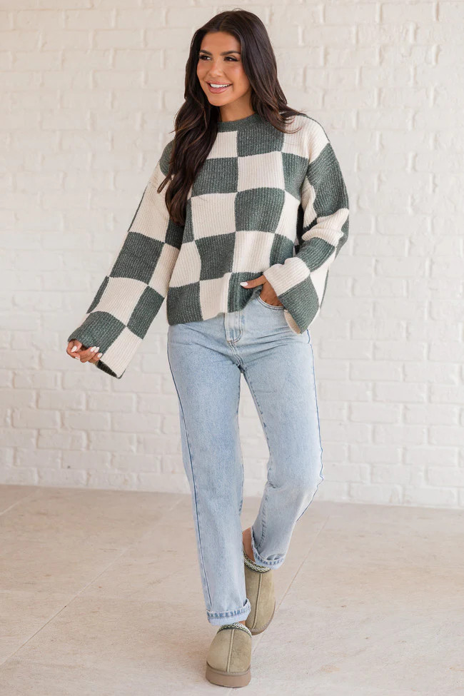 Best Behavior Green Checkered Crew Neck Sweater | Pink Lily