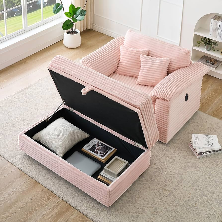 Oversized Chaise Lounge Chair with Storage Ottoman & USB Ports, Fluffy Corduroy Cloud Couch Sleep... | Amazon (US)