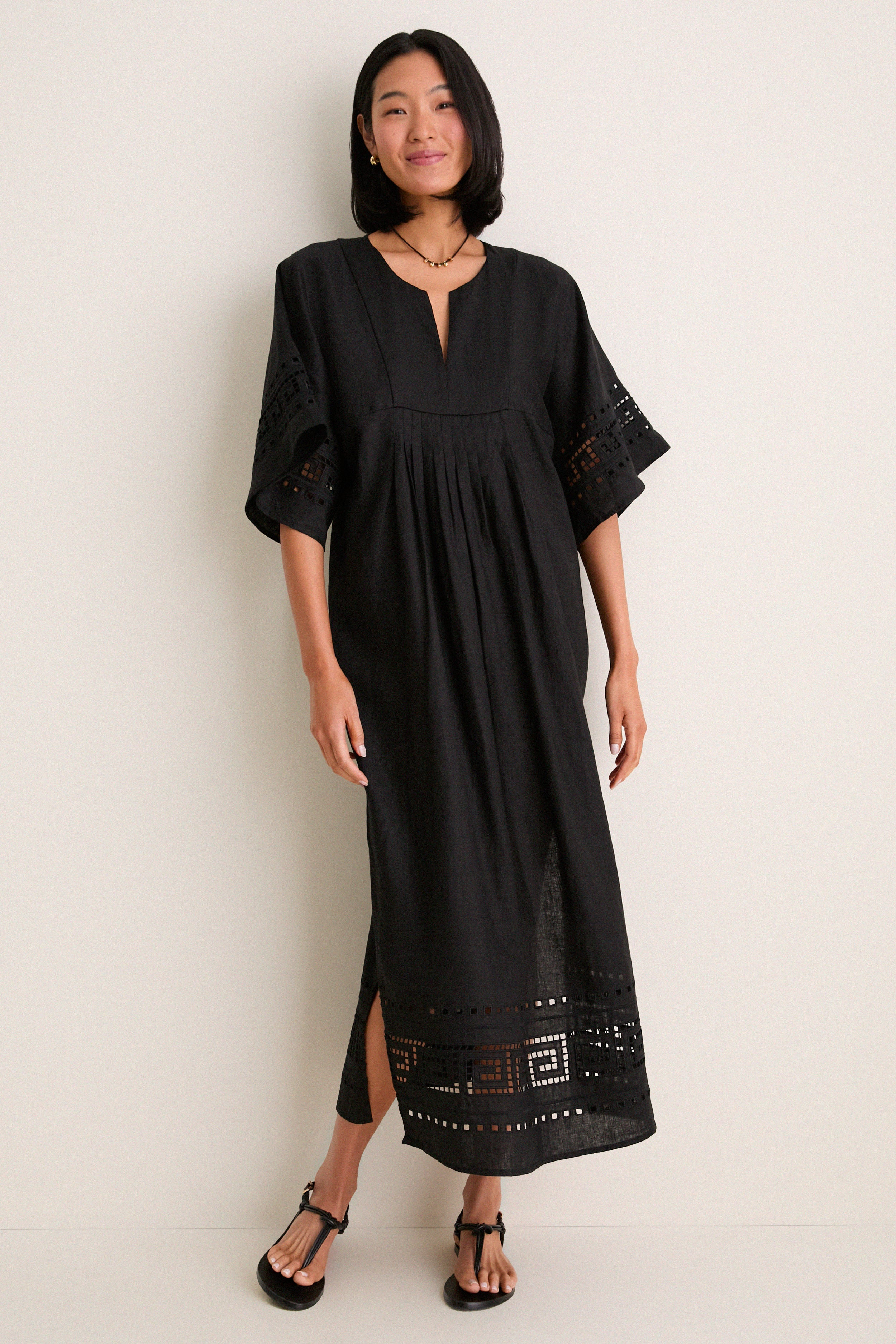 Black Greek Key Embroidered Linen Adrianne Dress | Tuckernuck (US)