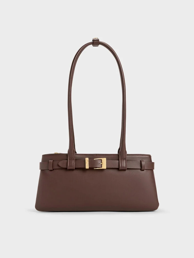 Jody Leather Belted Shoulder Bag - Dark Brown | Charles & Keith US