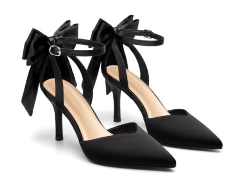 Coutgo Women's Kitten Heels Closed Pointed Toe Pumps Bow Ankle Strap Wedding Party Dress Shoes, Black Satin, Size 7.5 | Amazon (US)