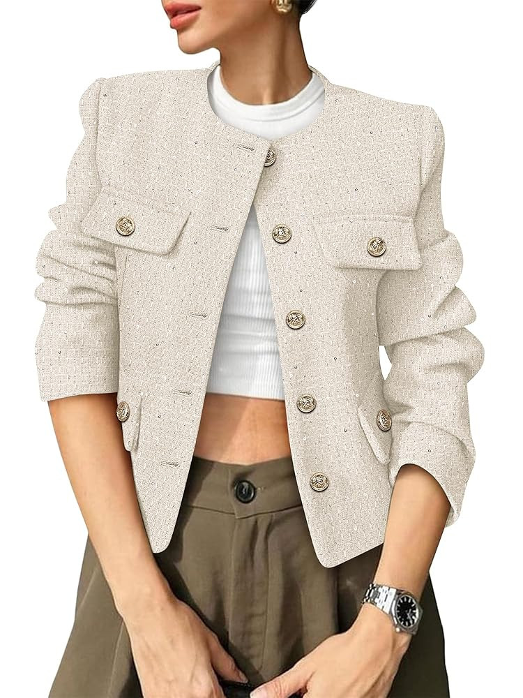 Women's Tweed Blazers Trendy Fall Casual Collarless Button Down Sequin Tops Cropped Jackets with ... | Amazon (US)