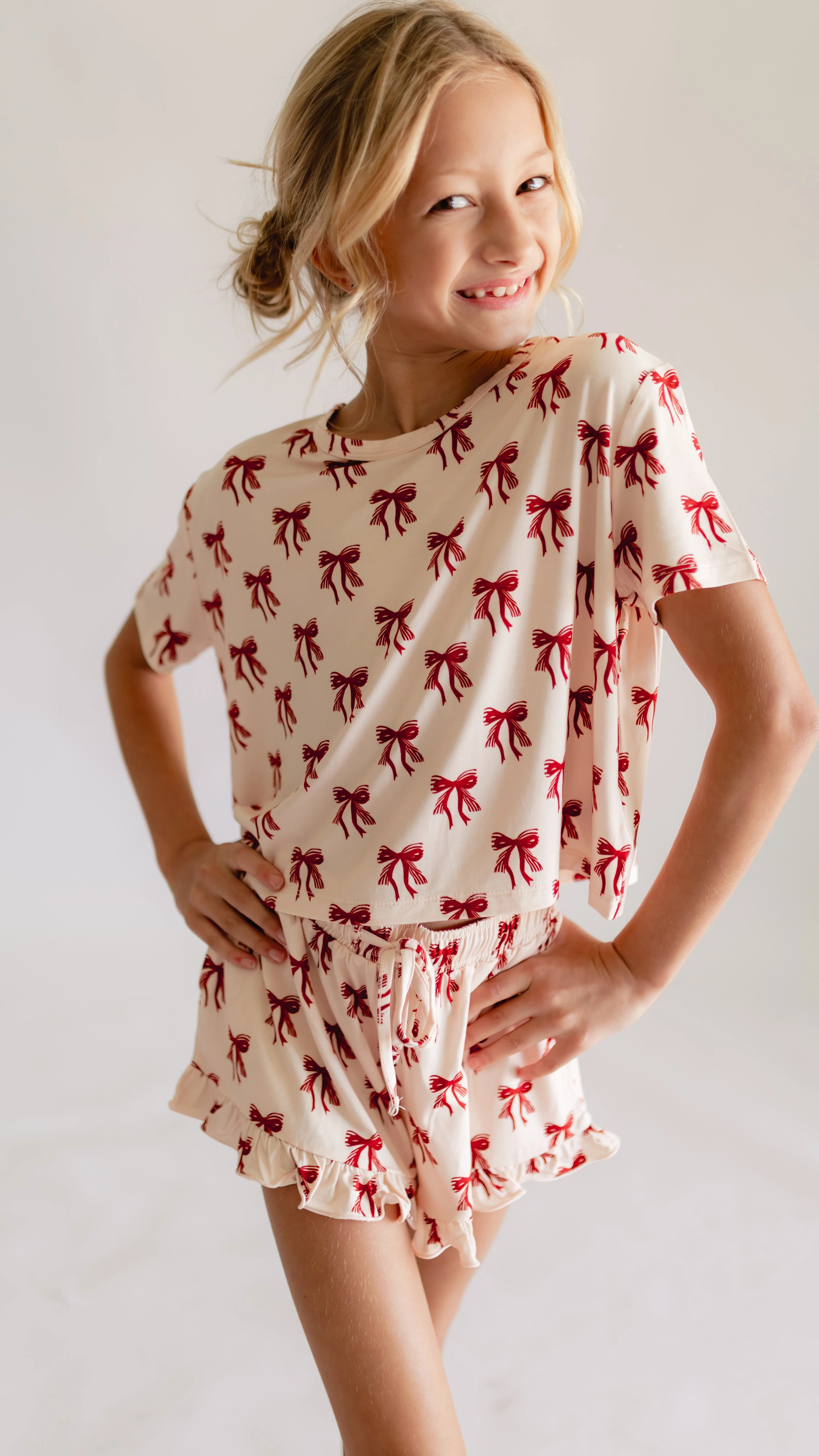 Girl's Ruffle Short Set in Christmas Bows | Silks Design
