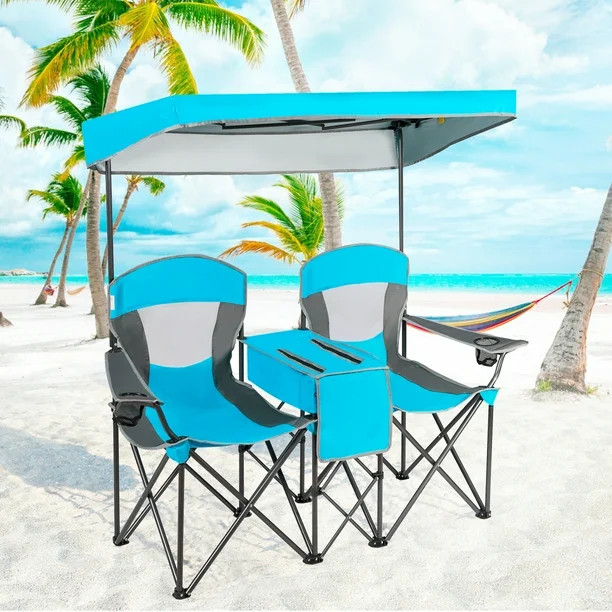 Gymax Folding 2-person Camping Chairs Double Sunshade Chairs w/ Canopy Blue - Walmart.com | Walmart (US)