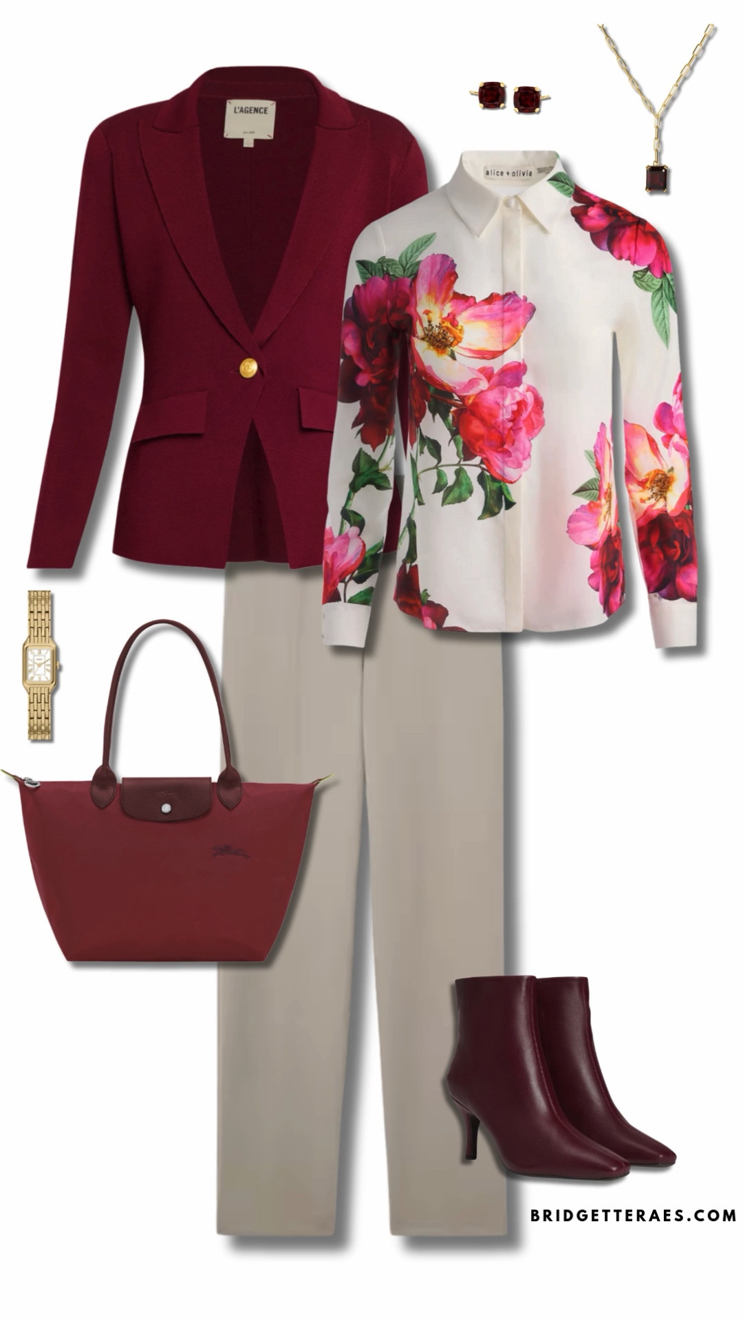 The rich burgundy blazer anchors the look with polish and decisiveness, while the floral blouse softens the structure with thoughtful creativity and warmth, signaling a leader who values both results and relationships. Tailored neutral trousers keep the focus clean and professional, creating a streamlined silhouette that works seamlessly from boardroom to client meetings. Coordinating burgundy boots and a structured tote reinforce consistency and intention, while gold jewelry adds a refined finishing touch. Altogether, this look communicates confidence, emotional intelligence, and credibility without ever feeling rigid or overdone.

#LTKootd #LTKWorkwear #LTKOver40