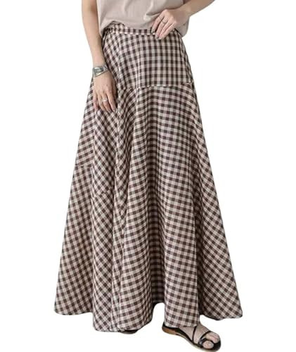 SOMTHRON Women's Retro Plaid Maxi Skirt A Line Pleated Flared Elastic High Waisted Gingham Summer Swing Long Skirt CO-M Coffee | Amazon (US)