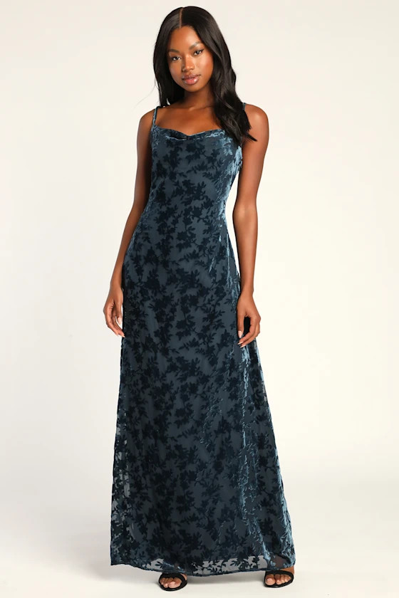 Romance in the Making Slate Blue Floral Print Velvet Maxi Dress | Lulus (US)