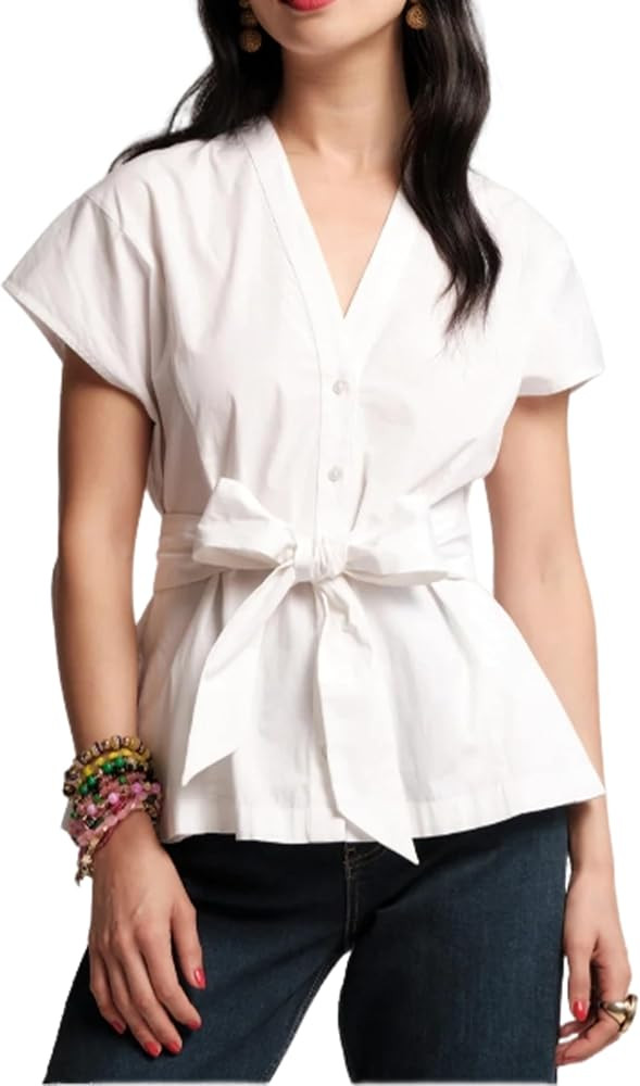 Women's Belted Waist Shirt V-Neck Short Cap Sleeve Button Blouse Cotton Casual Daytime Summer Ele... | Amazon (US)