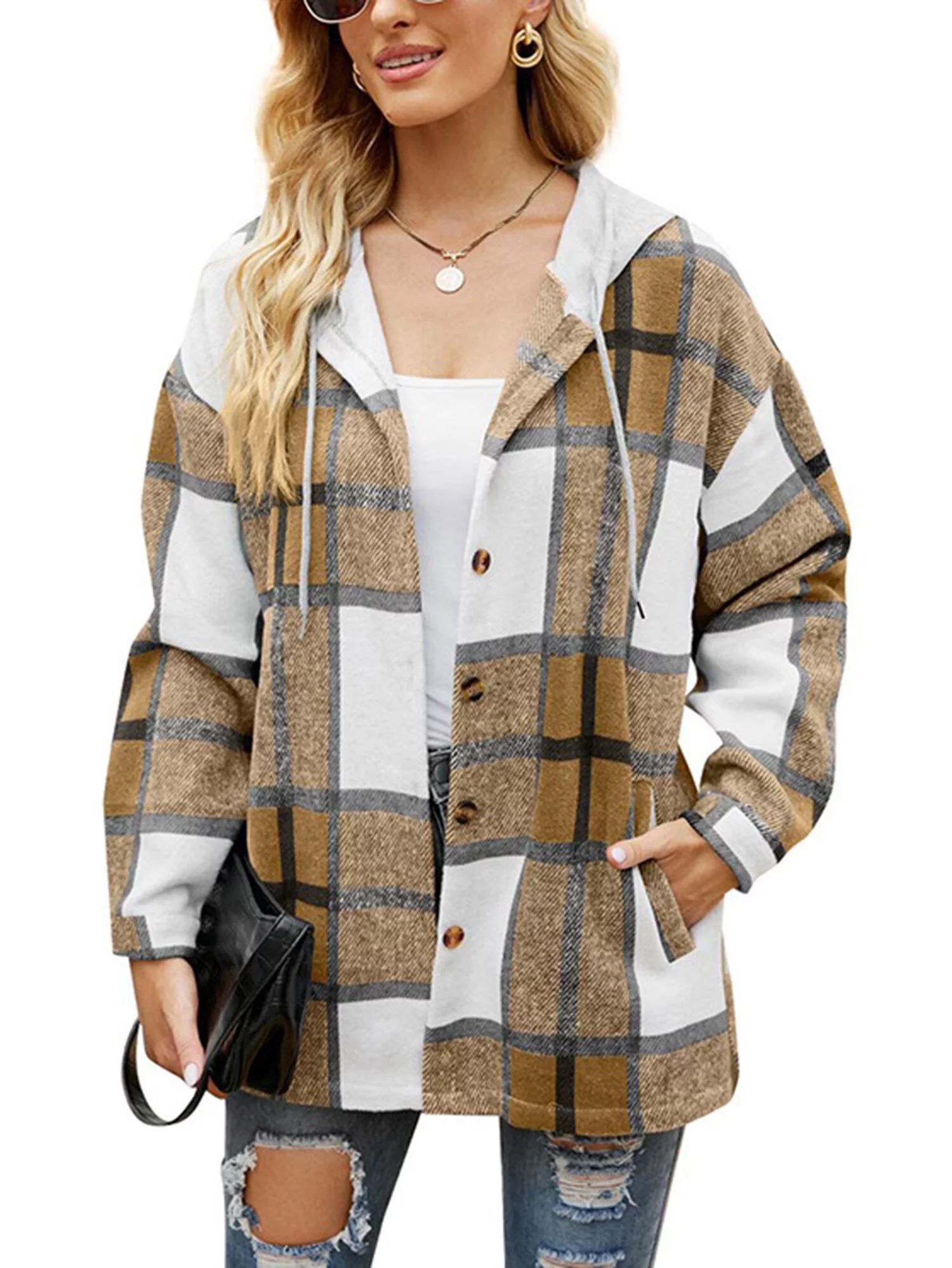 Fantaslook Flannel Shirts for Women Button Down Plaid Shirt Hooded Shacket Jacket with Pocket | Walmart (US)