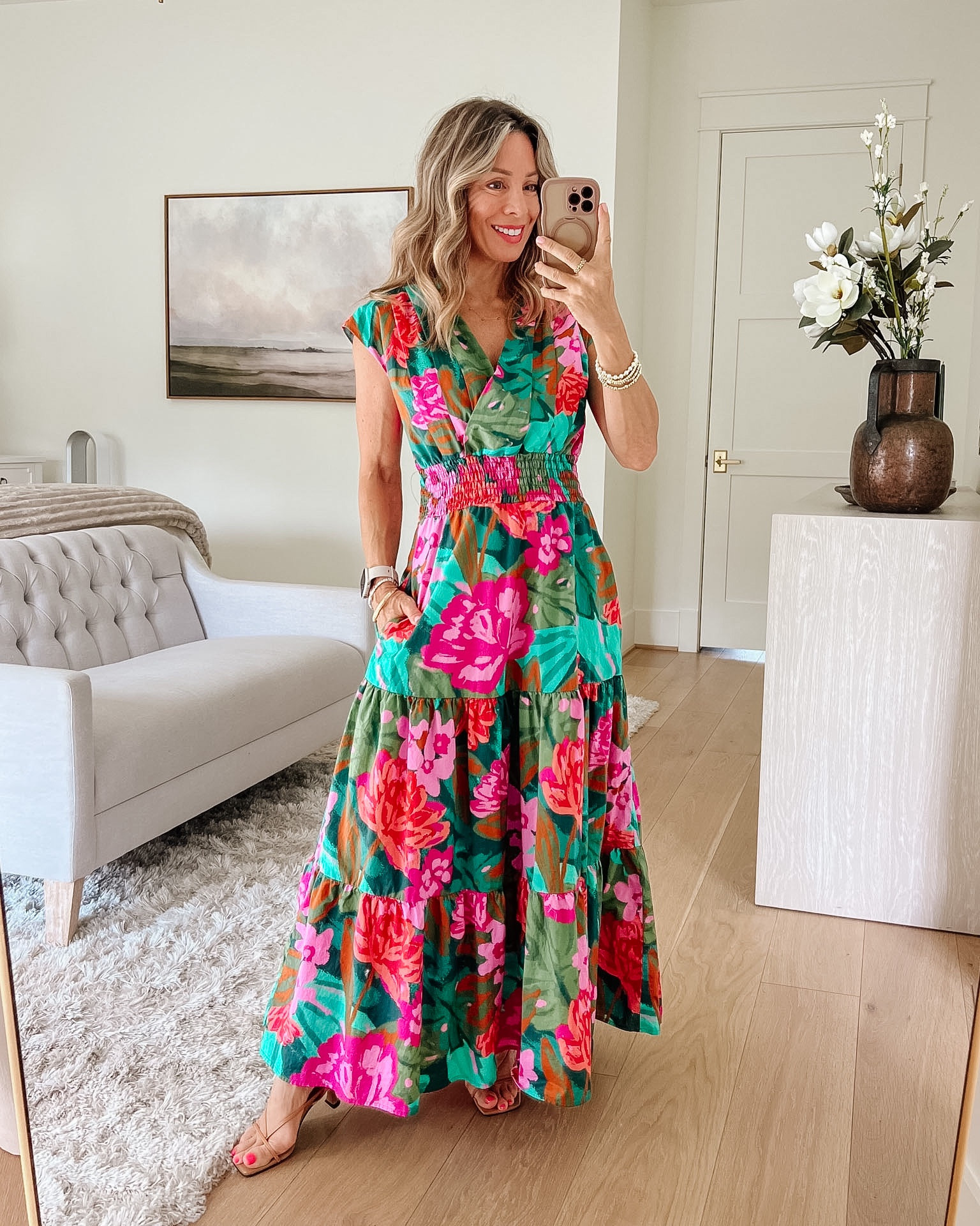 Venus • Smocked Waist Maxi Dress in Tropic Bouqet 

Dress Fit: I’m wearing an XS

#LTKmomlife #LTKSaleAlert #LTKPetite
