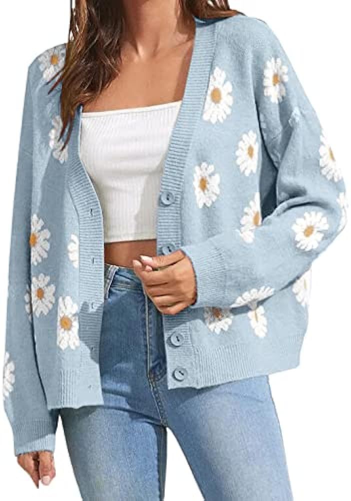 Women's Floral Print Cardigan Long Sleeve Open Front Button Down V Neck Knitted Sweaters | Amazon (US)