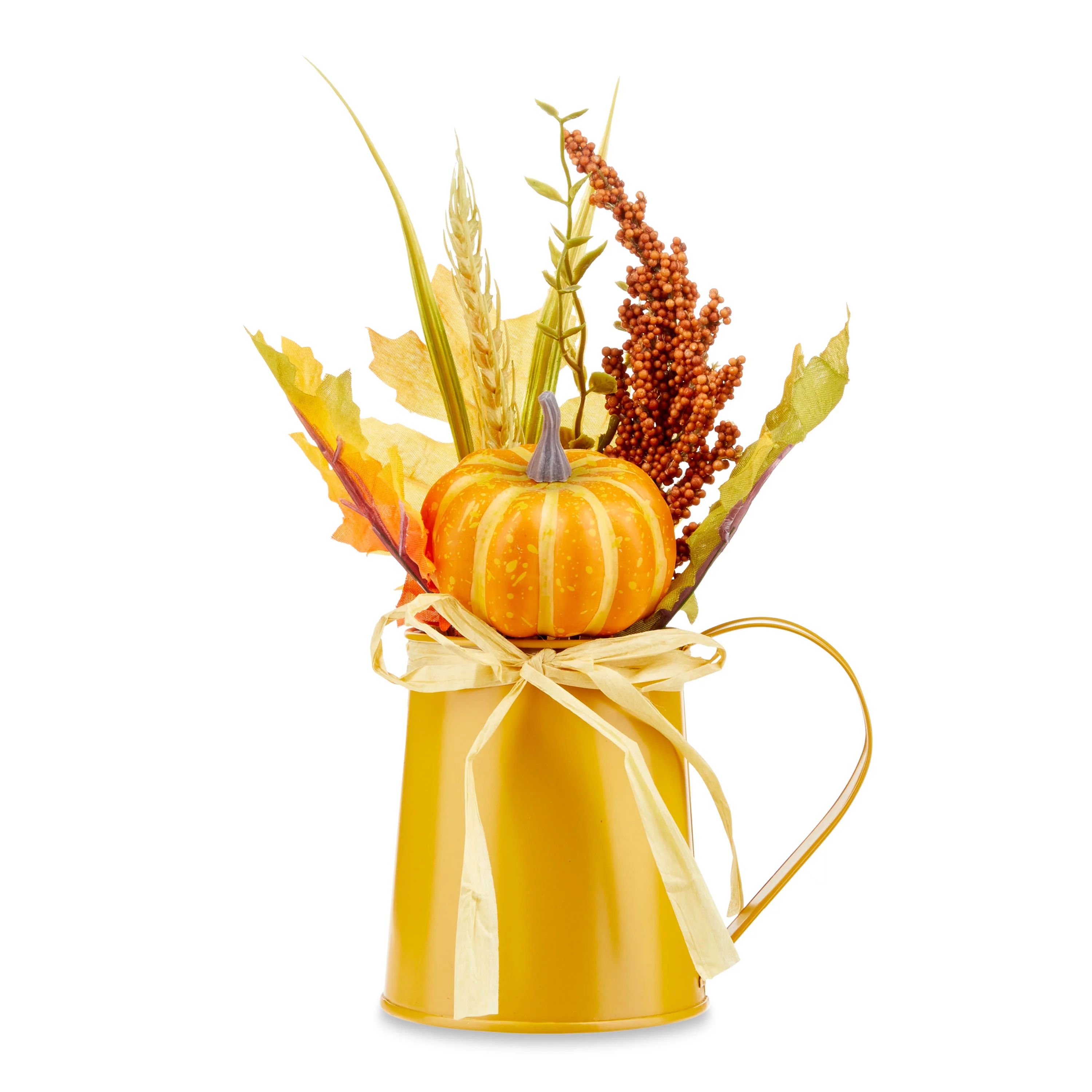 Harvest 8 in Yellow Pumpkin Floral Yellow Kettle Table Decoration, Way to Celebrate | Walmart (US)