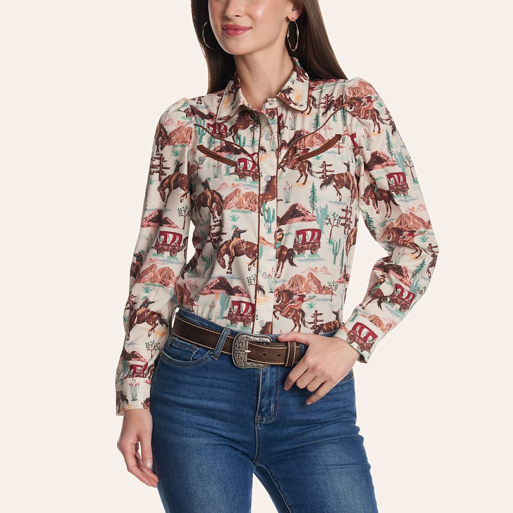 Merigold Kiss Women's Ivory Frontier Print Long Sleeve Pearl Snap Western Shirt | Cavender's
